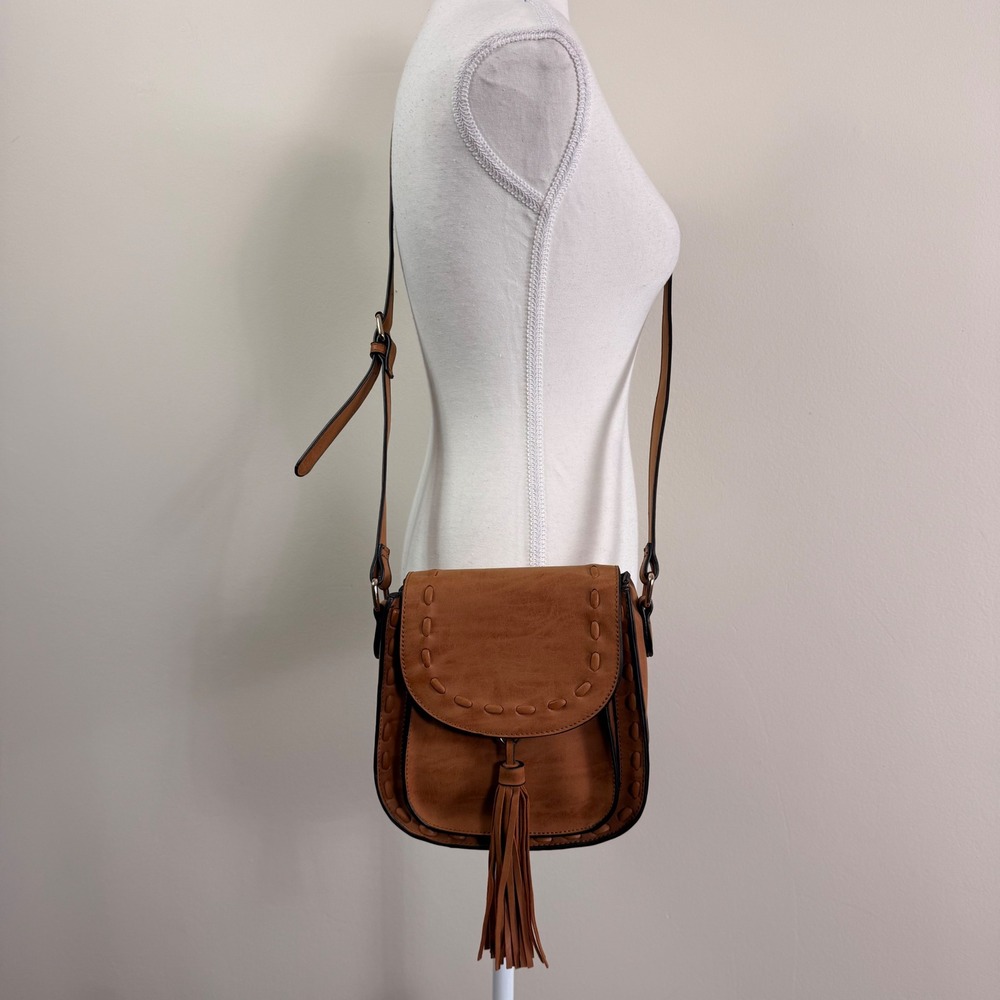 Mellow World Brown Vegan Leather Whipstitch Tassel Crossbody Saddle Bag